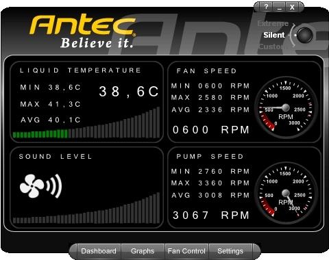 Dies ist das Dashboard der mitgelieferten Software.