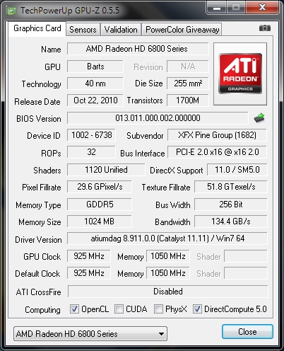 Im Gegensatz zu anderen 6870 Modellen hat XFX den Chip um 25 MHz übertaktet