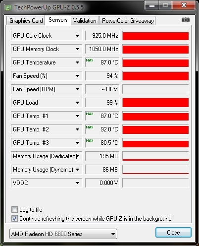 Ohne weitere Übertaktung arbeitet das Kühlsystem mit 94% Fan-Speed schon fast am Limit